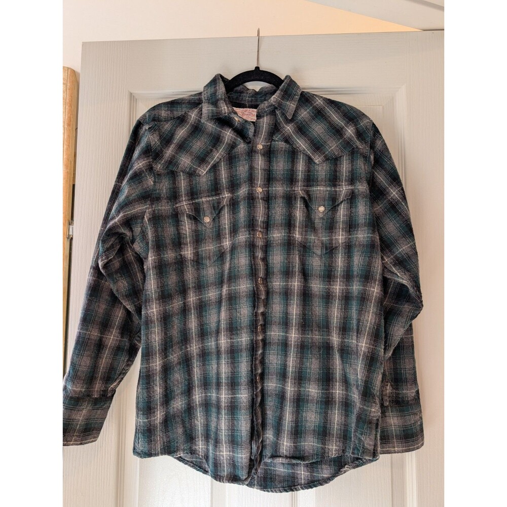 Filson Western Wool Shirt Men's Large Green Black Plaid Pearl Snap Jacket L